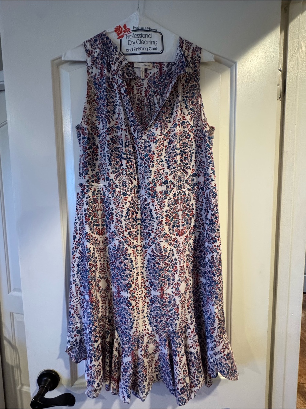 Rebecca Taylor Cream Sleeveless Floral Print Dress with Blue & Red Motif